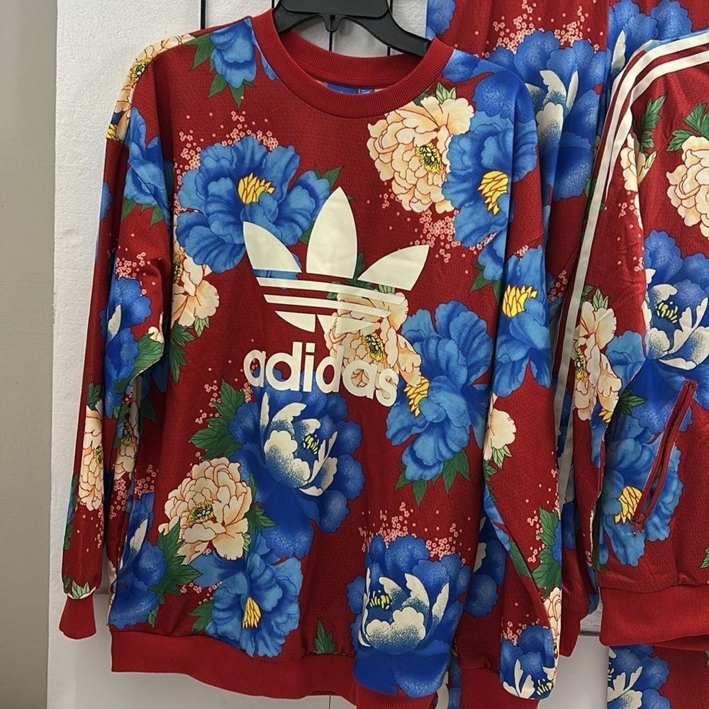 adidas 3 piece set: Red Floral Track Jacket, Leggings, & Sweatshirt - Picture 2 of 9